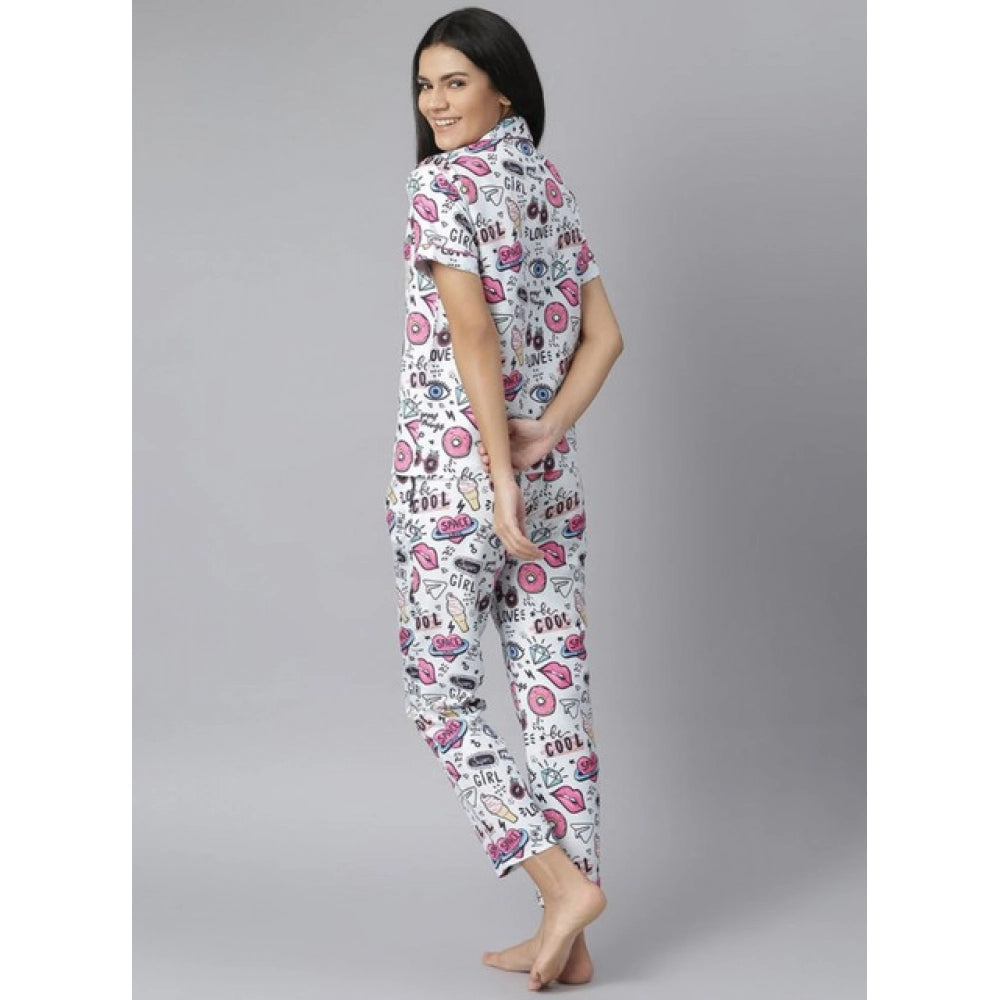 Women'S Cotton Blend Printed Short Sleeve Night Suit (Multicol