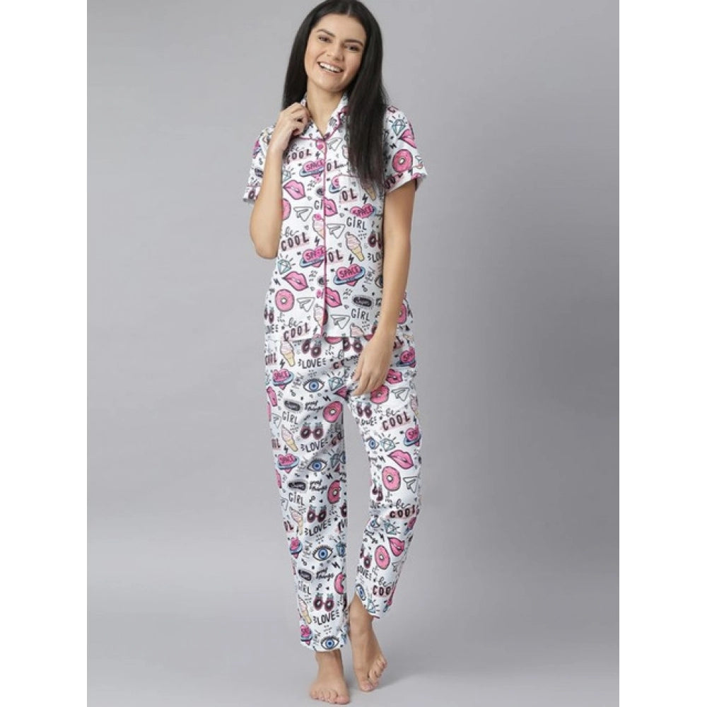 Women'S Cotton Blend Printed Short Sleeve Night Suit (Multicol