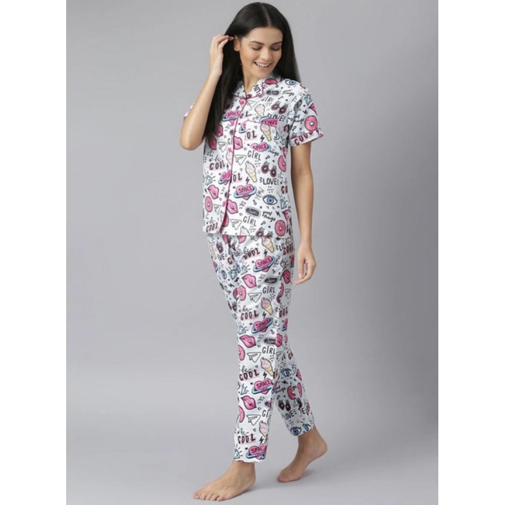 Women'S Cotton Blend Printed Short Sleeve Night Suit (Multicol