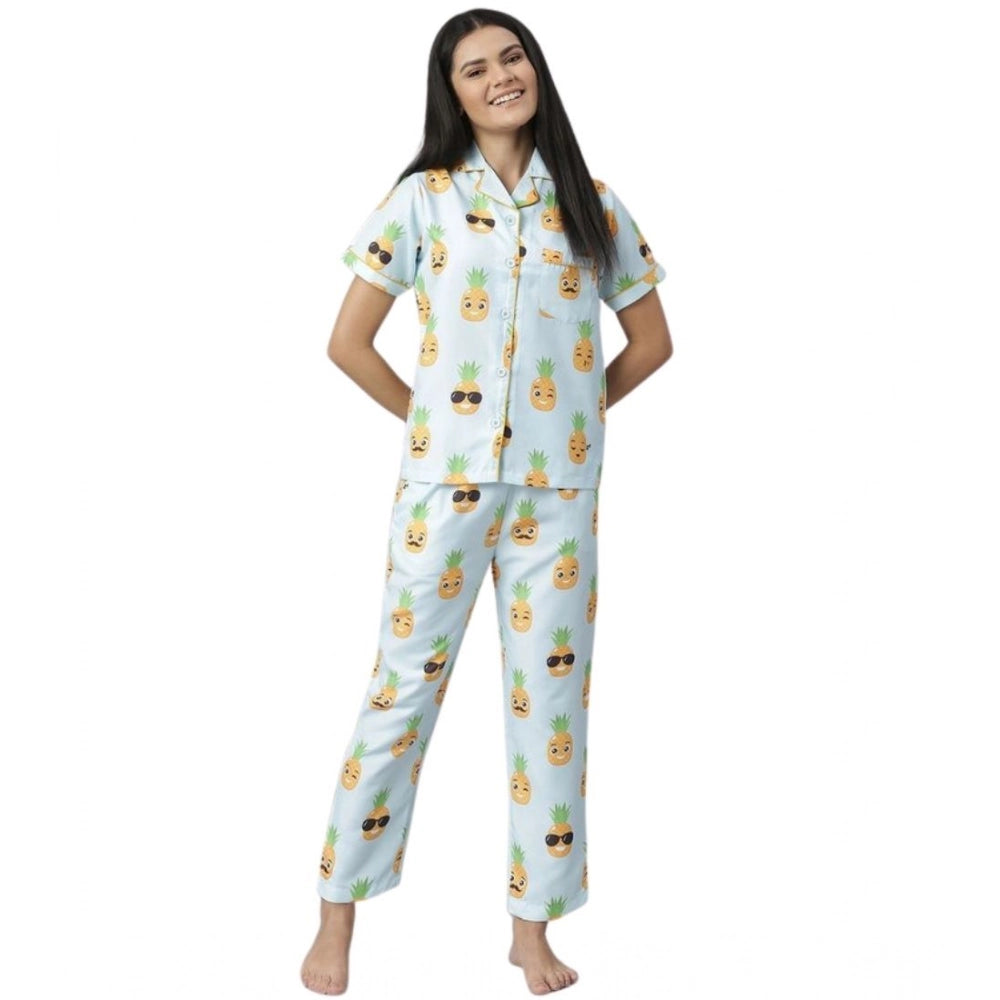 Women'S Cotton Blend Printed Short Sleeve Night Suit (Blue-Yel