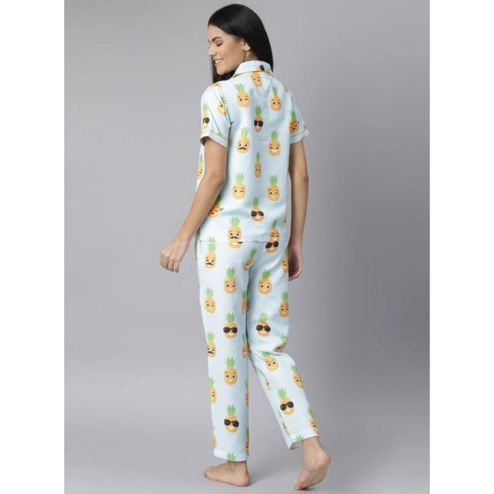 Women'S Cotton Blend Printed Short Sleeve Night Suit (Blue-Yel