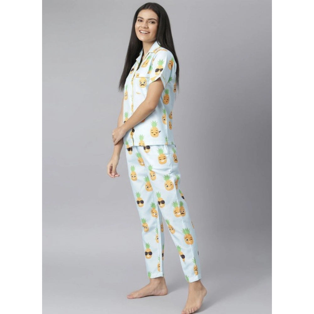 Women'S Cotton Blend Printed Short Sleeve Night Suit (Blue-Yel