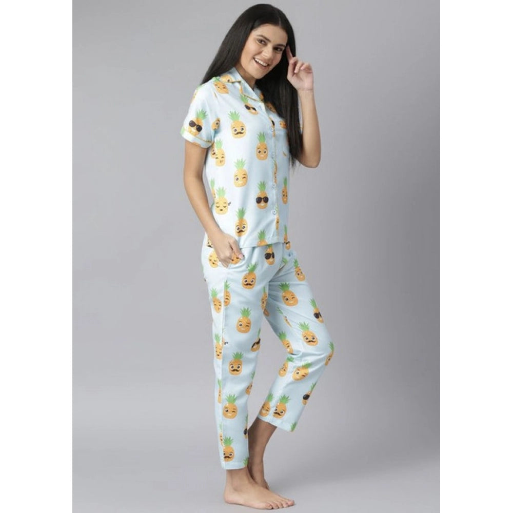 Women'S Cotton Blend Printed Short Sleeve Night Suit (Blue-Yel