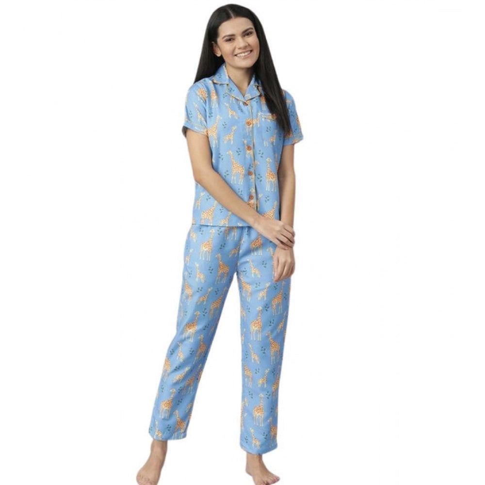 Women'S Cotton Blend Printed Short Sleeve Night Suit (Blue)