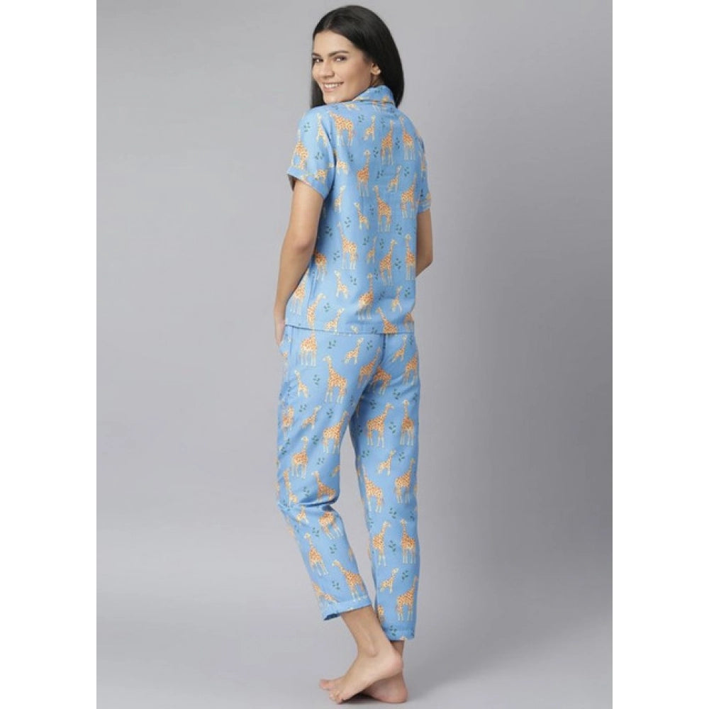Women'S Cotton Blend Printed Short Sleeve Night Suit (Blue)