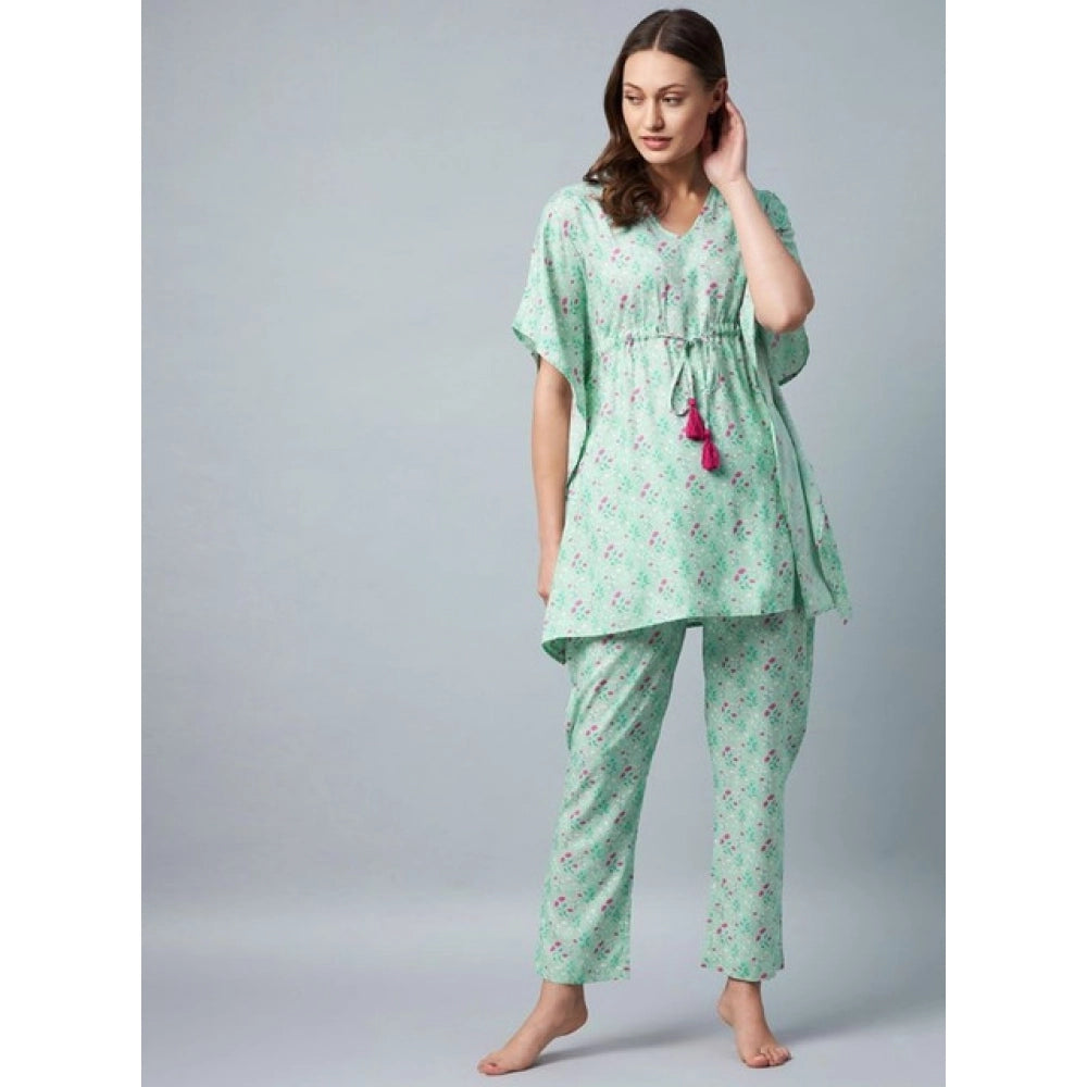 Women'S Rayon Floral Kaftan Sleeve Night Suit (Green - Pink)