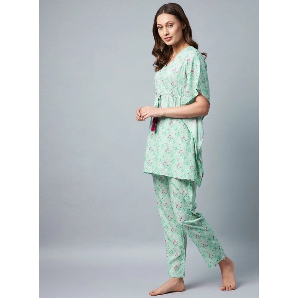 Women'S Rayon Floral Kaftan Sleeve Night Suit (Green - Pink)