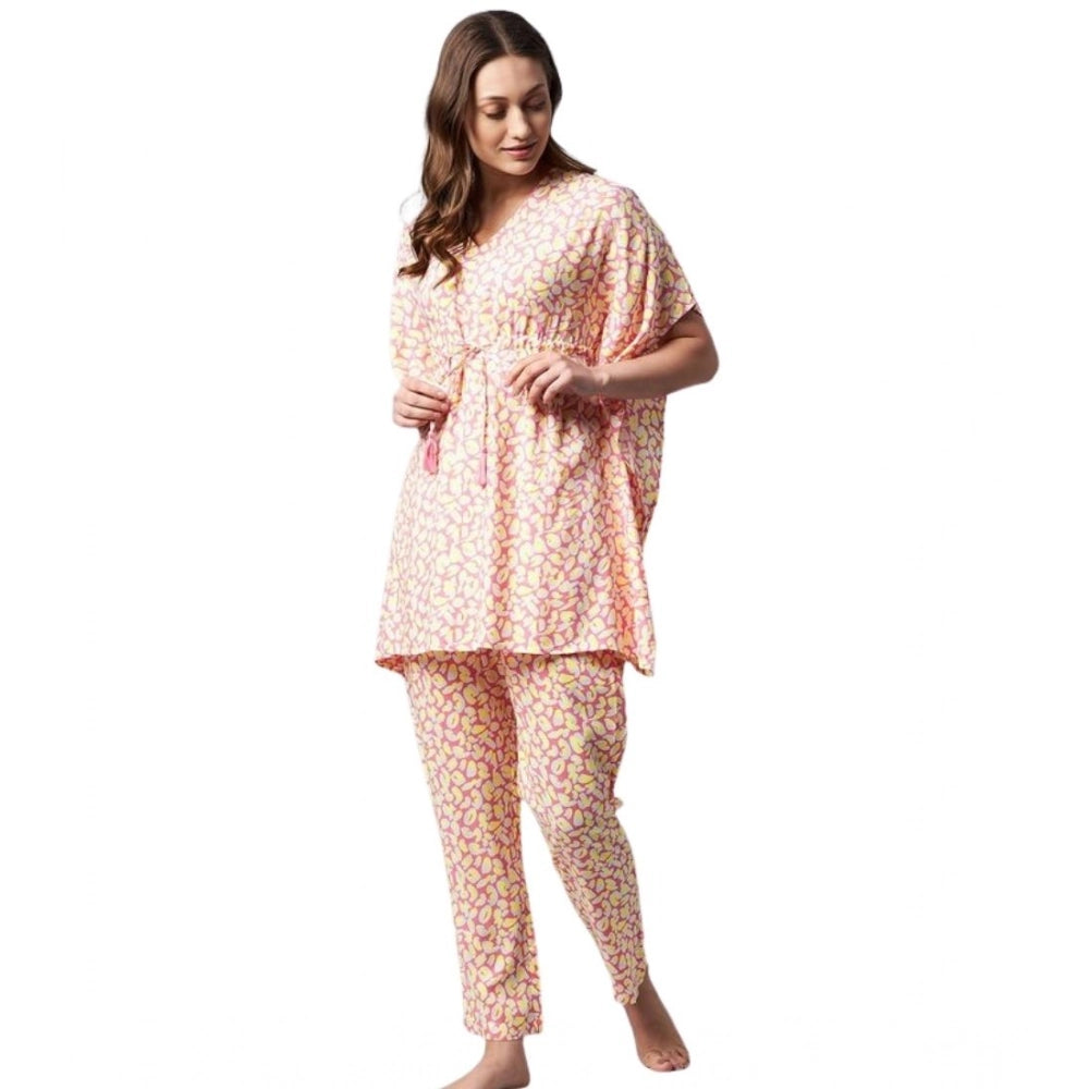 Women'S Rayon Tie And Dye Kaftan Sleeve Night Suit (Multicolor