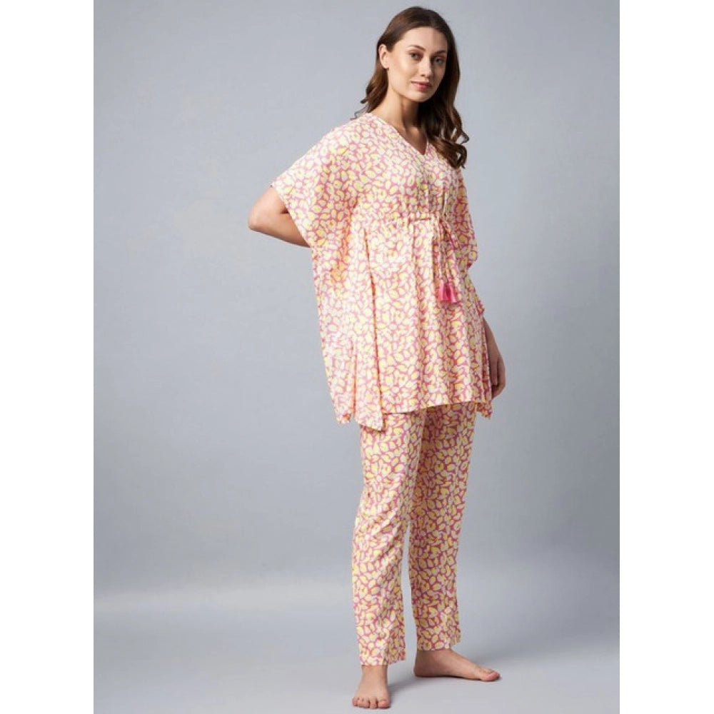 Women'S Rayon Tie And Dye Kaftan Sleeve Night Suit (Multicolor