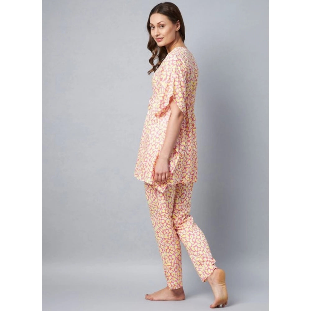 Women'S Rayon Tie And Dye Kaftan Sleeve Night Suit (Multicolor