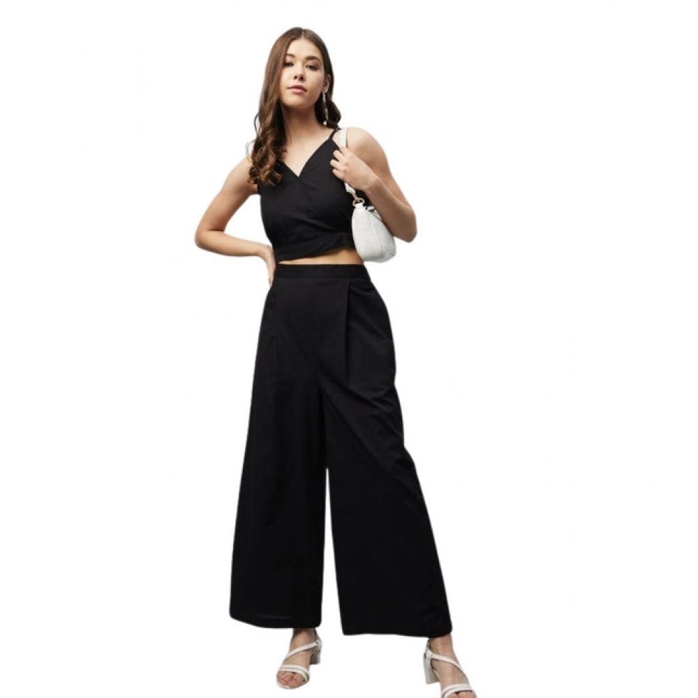 Women'S Cotton Linen Solid Sleeveless Crop Top And Palazzo Set