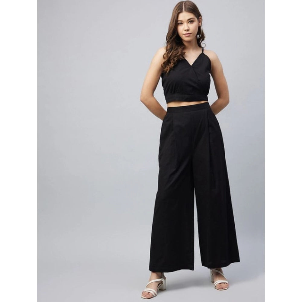 Women'S Cotton Linen Solid Sleeveless Crop Top And Palazzo Set