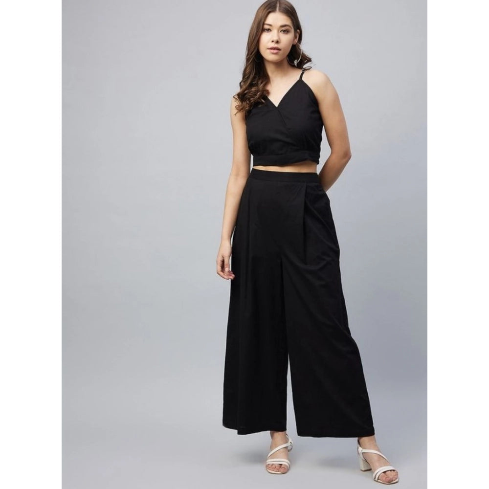 Women'S Cotton Linen Solid Sleeveless Crop Top And Palazzo Set