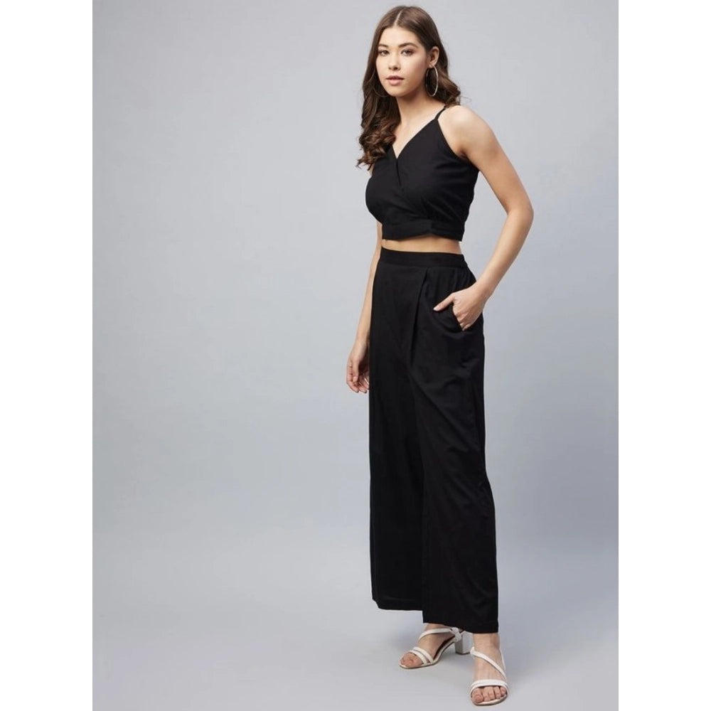 Women'S Cotton Linen Solid Sleeveless Crop Top And Palazzo Set