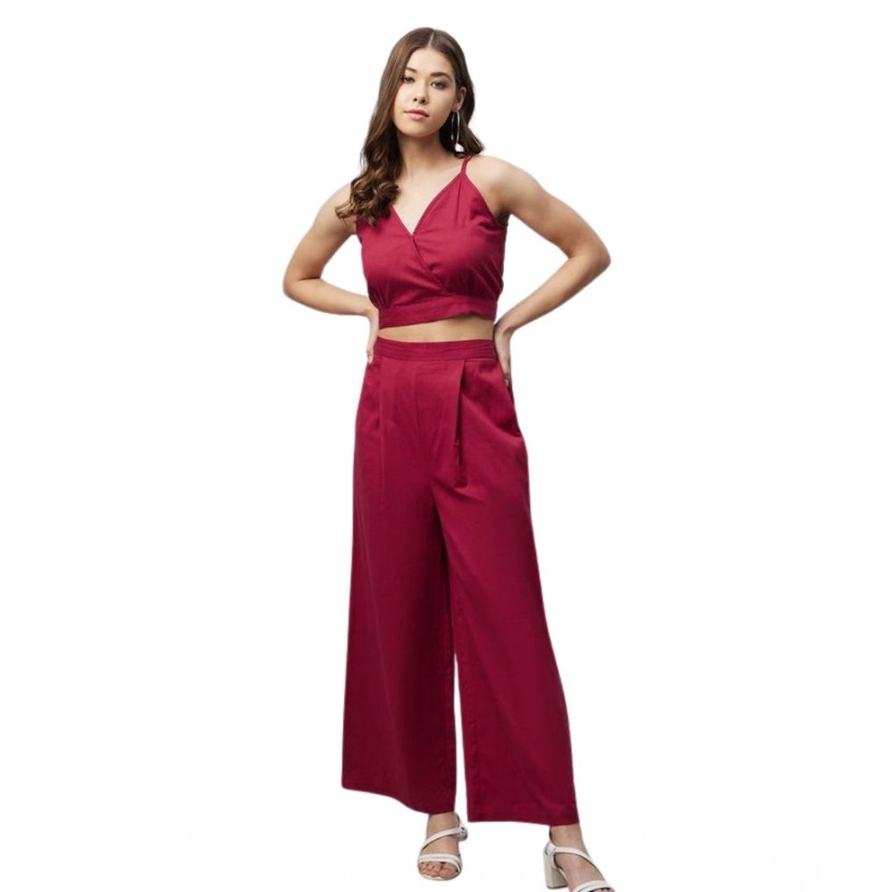 Women'S Cotton Linen Solid Sleeveless Crop Top And Palazzo Set