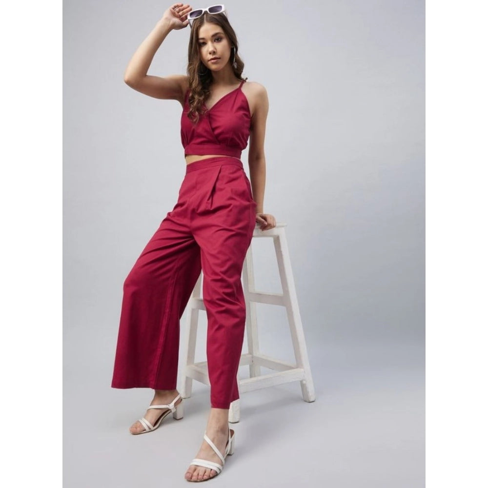 Women'S Cotton Linen Solid Sleeveless Crop Top And Palazzo Set