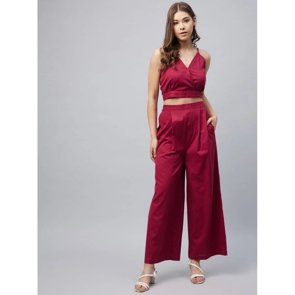 Women'S Cotton Linen Solid Sleeveless Crop Top And Palazzo Set