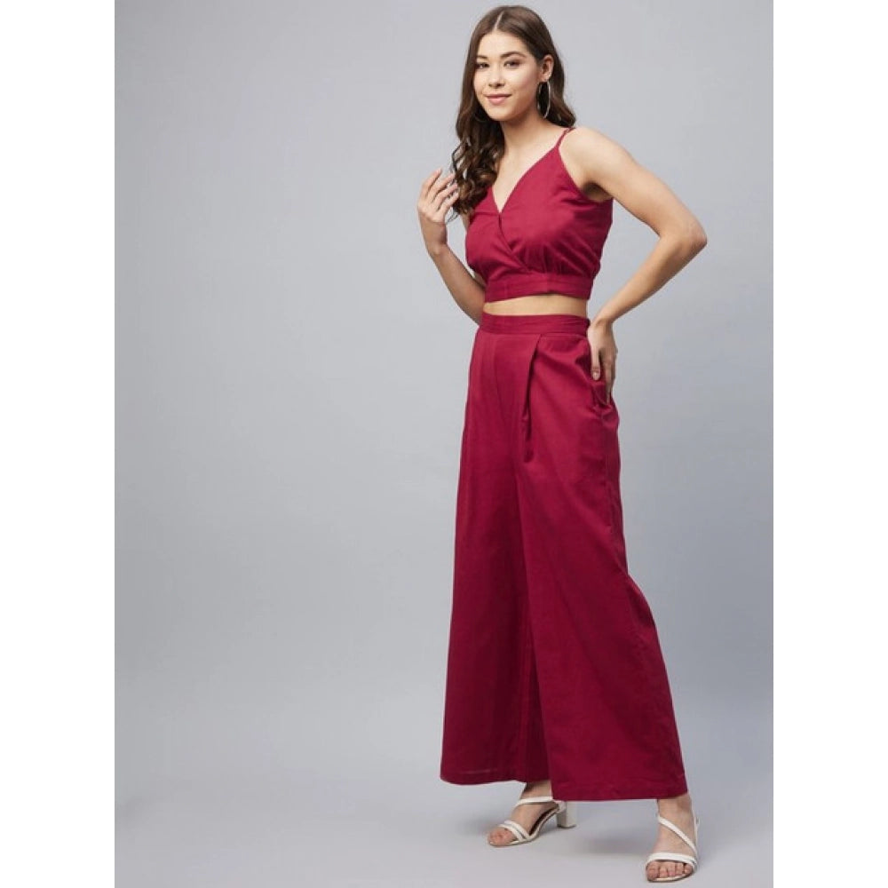 Women'S Cotton Linen Solid Sleeveless Crop Top And Palazzo Set