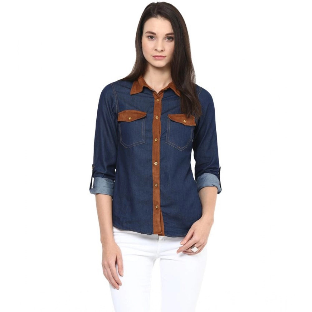 Women'S Denim Cotton Based Solid Long Sleeves Shirt (Blue)