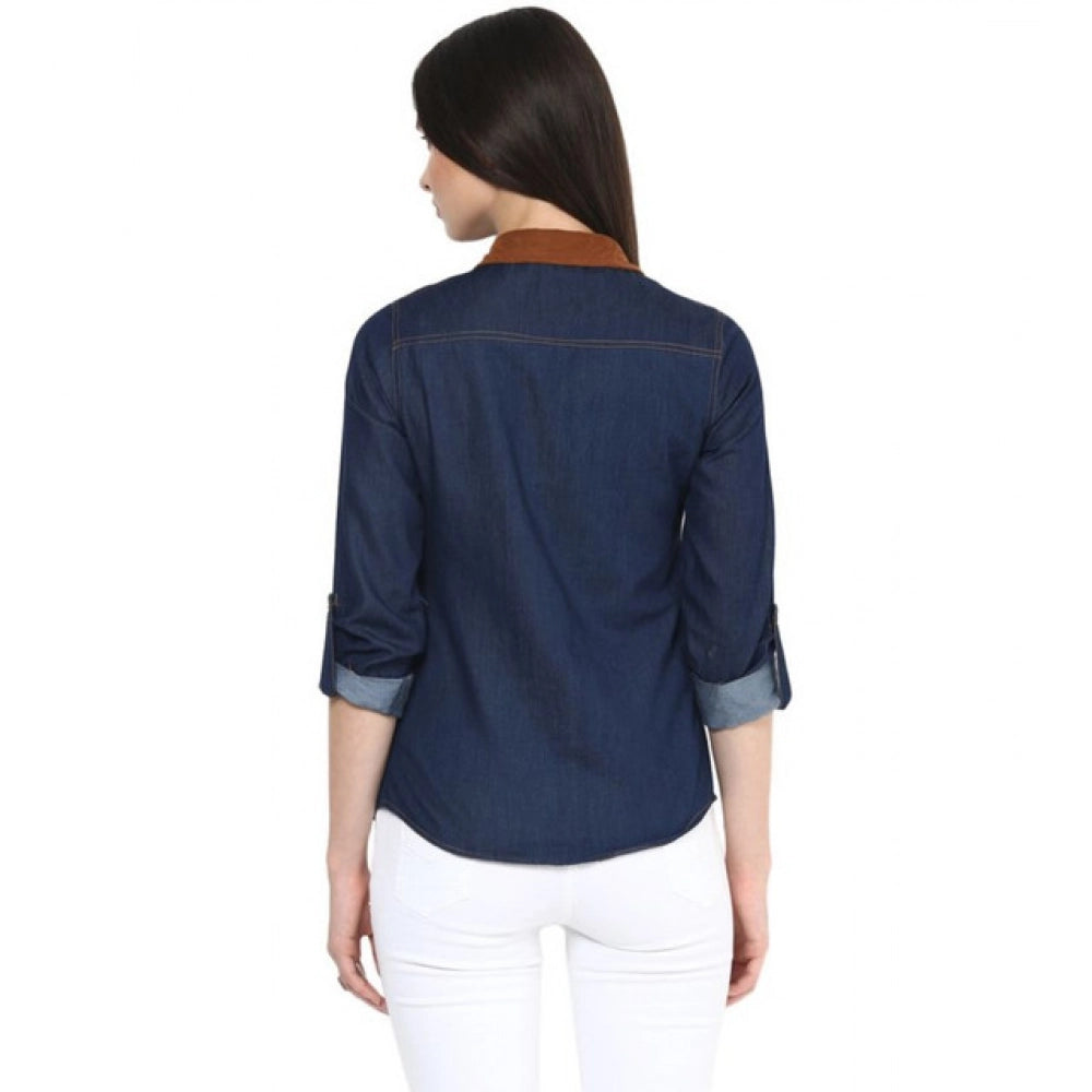 Women'S Denim Cotton Based Solid Long Sleeves Shirt (Blue)