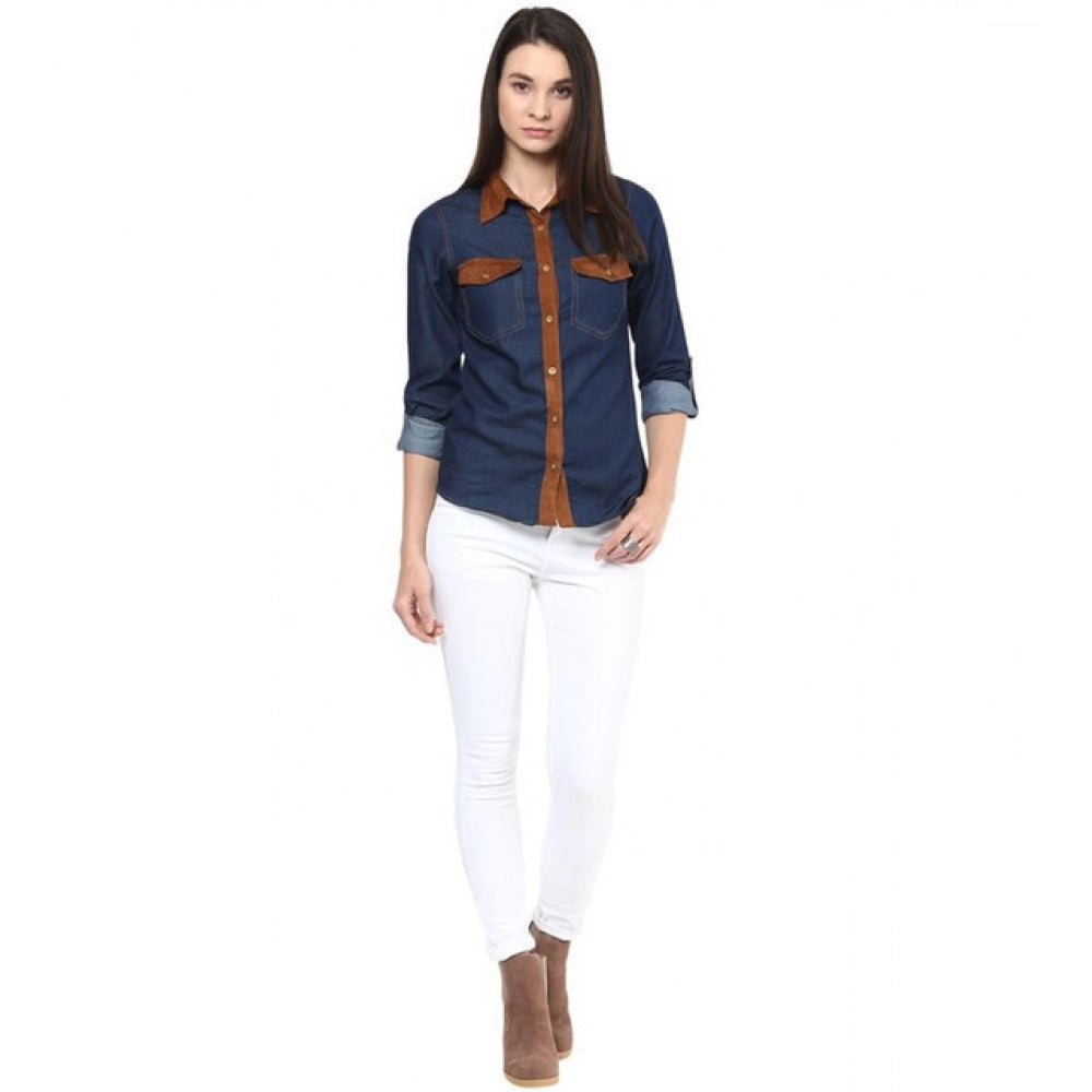 Women'S Denim Cotton Based Solid Long Sleeves Shirt (Blue)