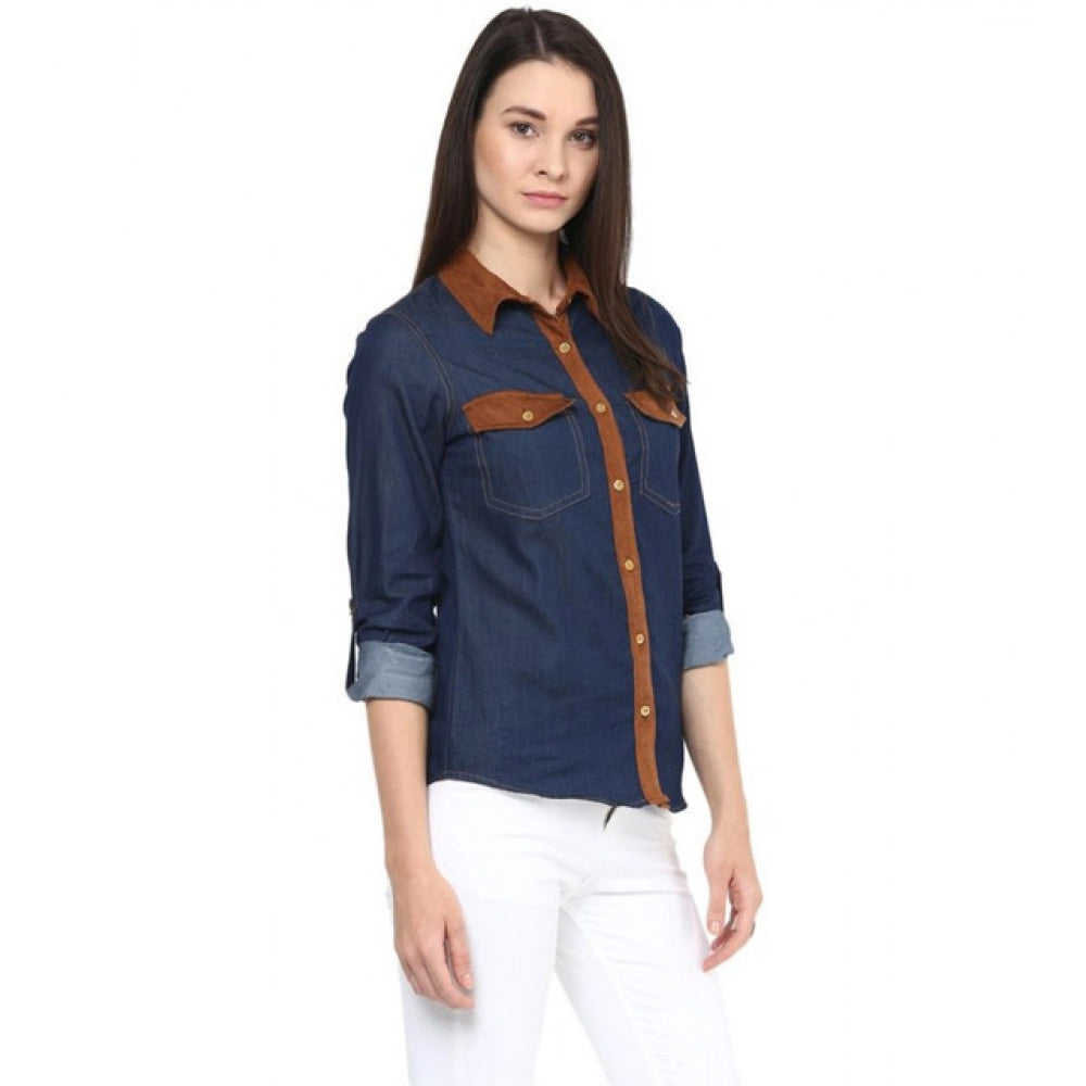Women'S Denim Cotton Based Solid Long Sleeves Shirt (Blue)