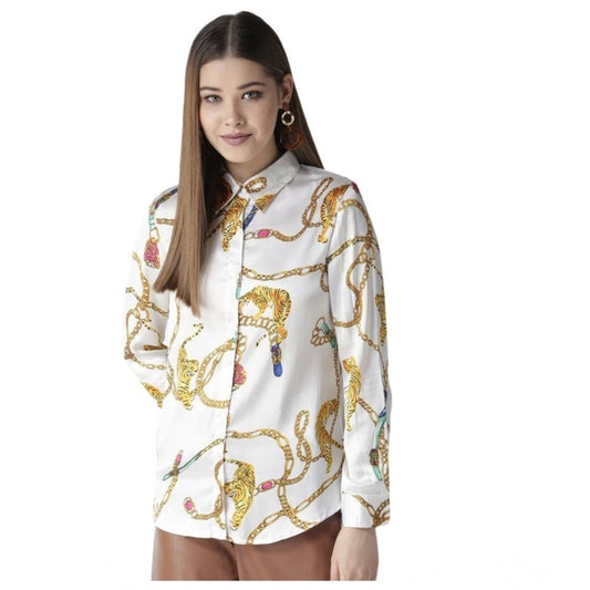 Women's Satin Printed Long Sleeves Shirt (White-Gold)