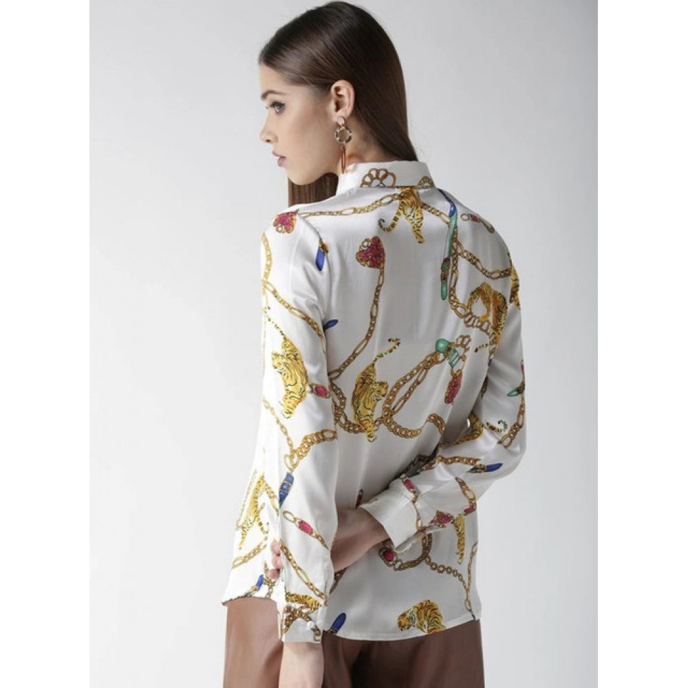 Women'S Satin Printed Long Sleeves Shirt (White-Gold)