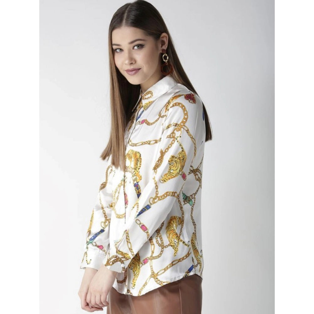 Women'S Satin Printed Long Sleeves Shirt (White-Gold)