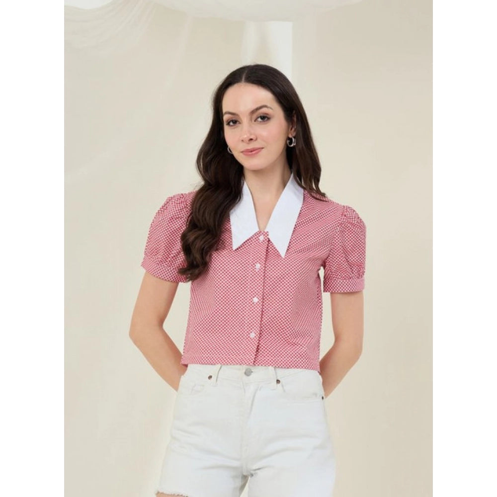 Women'S Cotton Checkered Half Sleeve Shirt (Red - White)