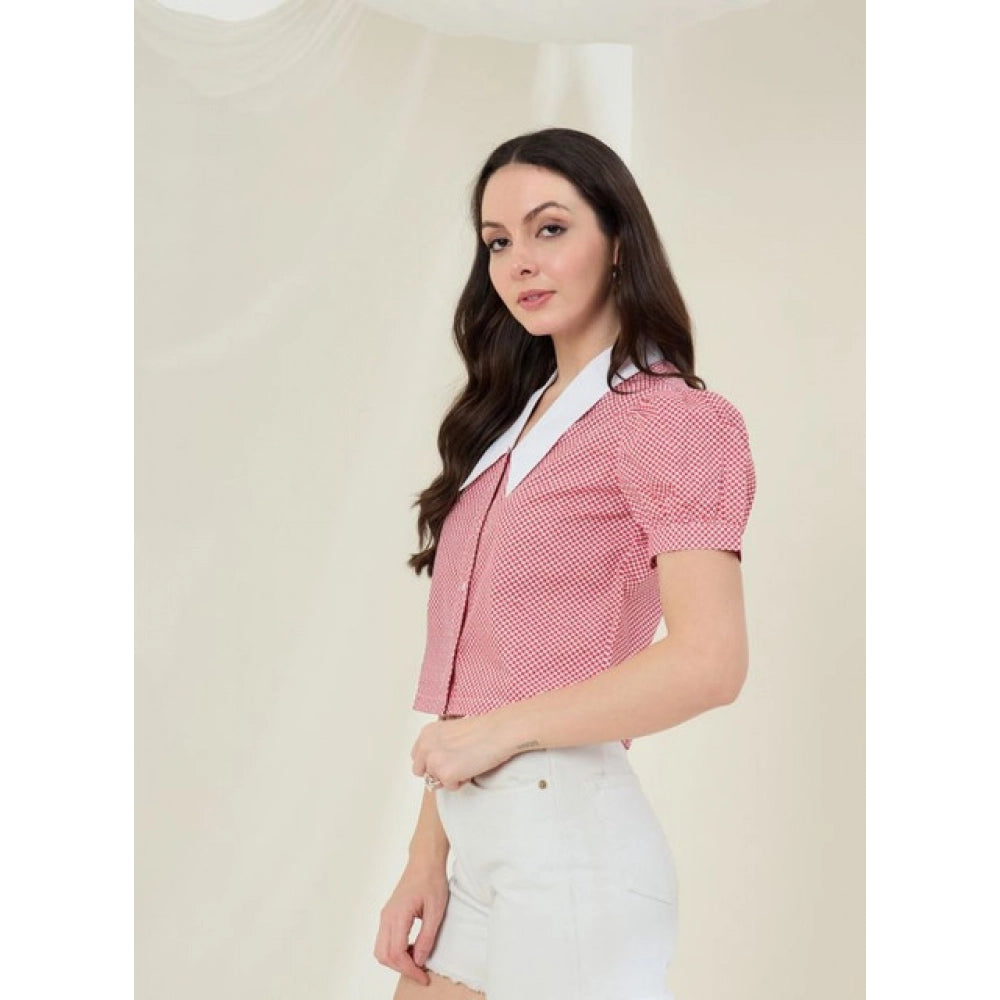 Women'S Cotton Checkered Half Sleeve Shirt (Red - White)