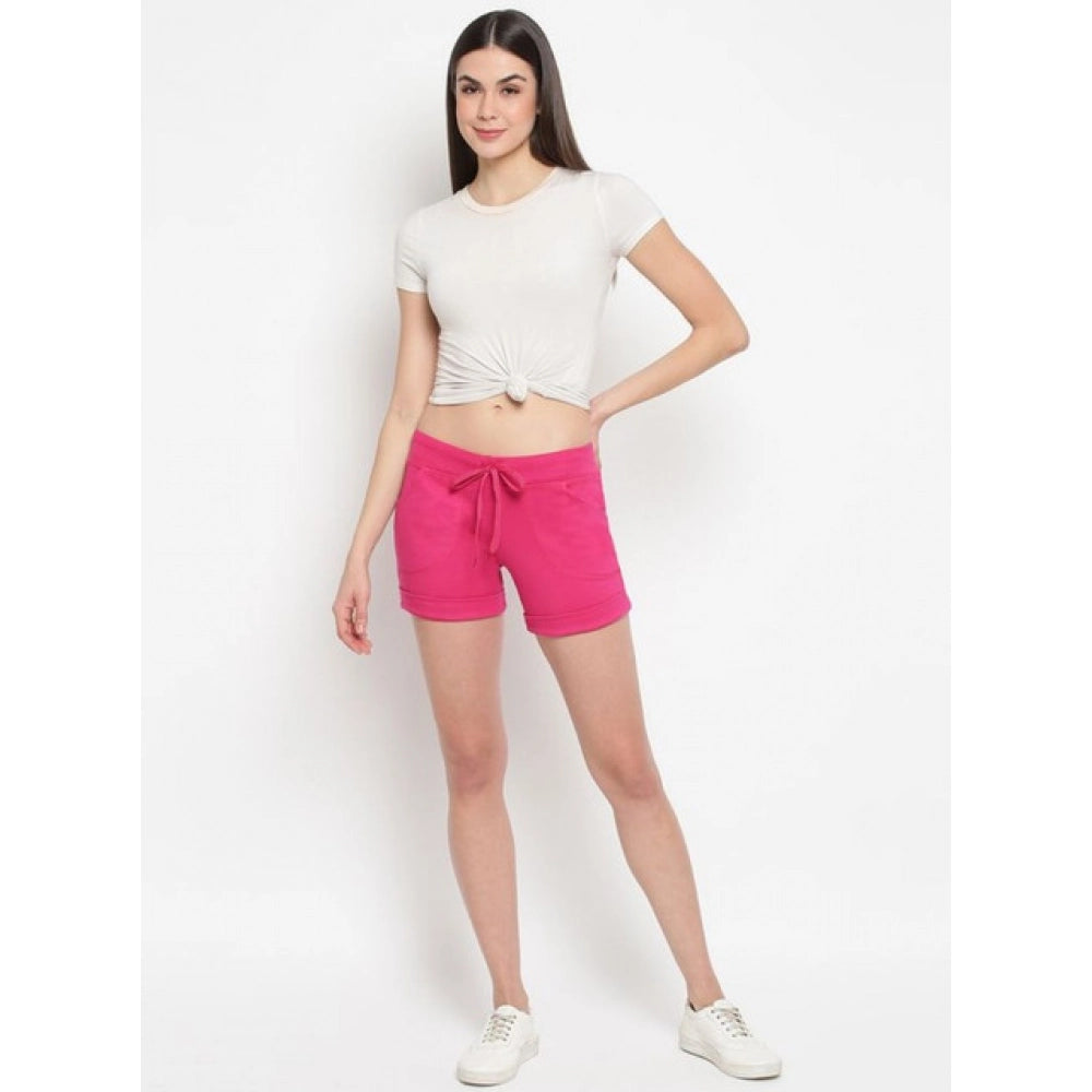 Women'S Cotton Solid Elasticated Shorts (Pink)