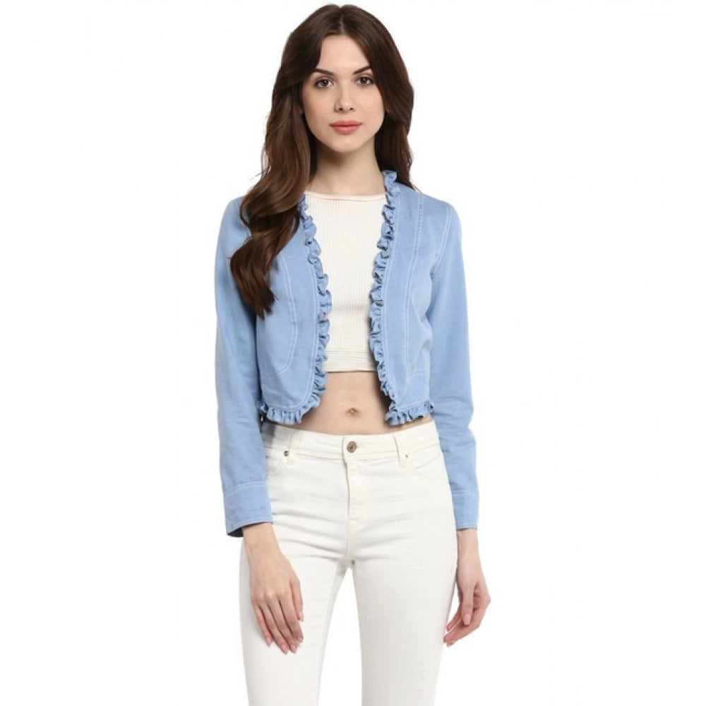 Women'S Denim Ruffled Long Sleeves Shrug (Blue)