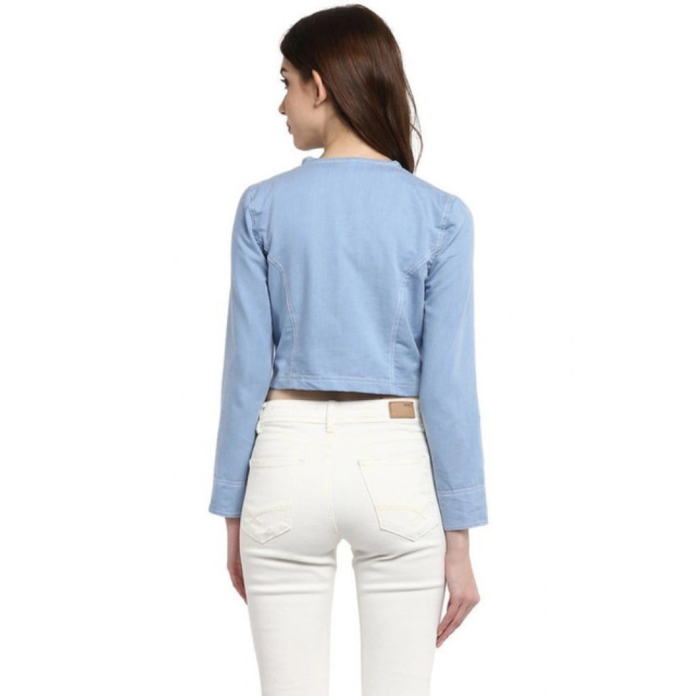 Women'S Denim Ruffled Long Sleeves Shrug (Blue)