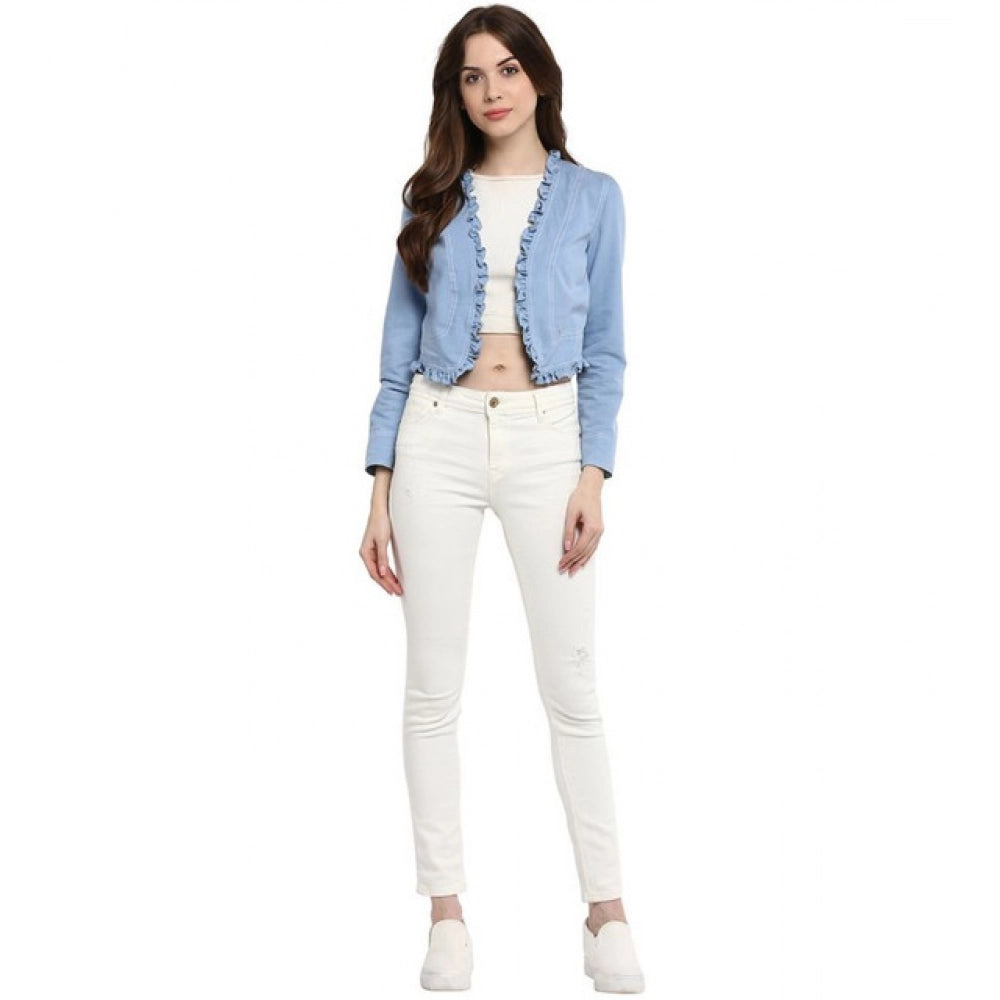 Women'S Denim Ruffled Long Sleeves Shrug (Blue)