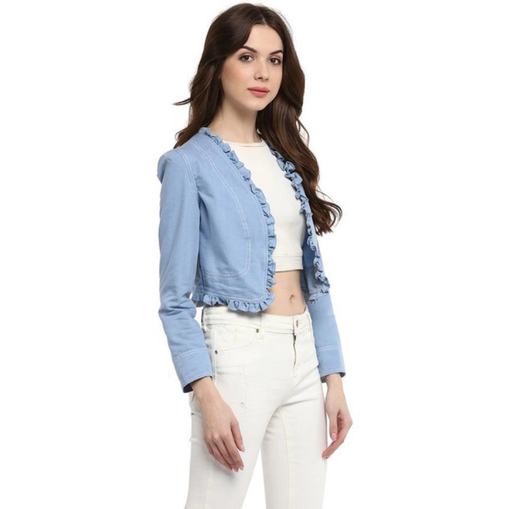Women'S Denim Ruffled Long Sleeves Shrug (Blue)