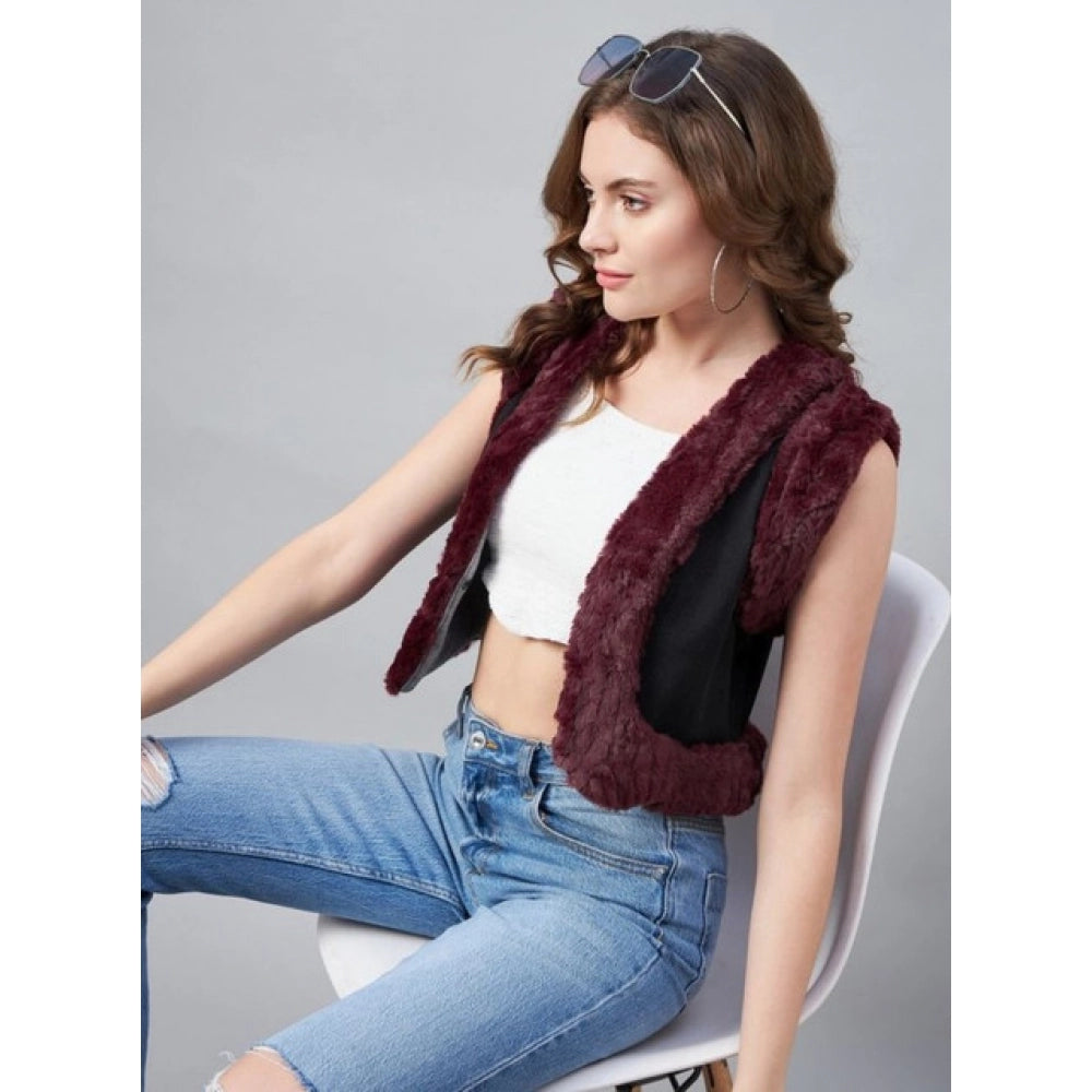 Women'S Denim And Fur Solid Sleeveless Shrug (Black - Maroon)