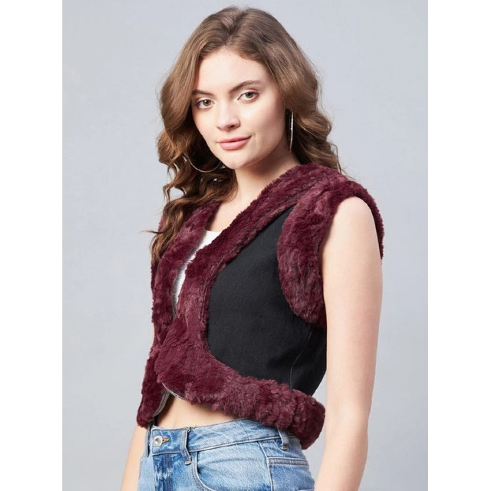 Women'S Denim And Fur Solid Sleeveless Shrug (Black - Maroon)