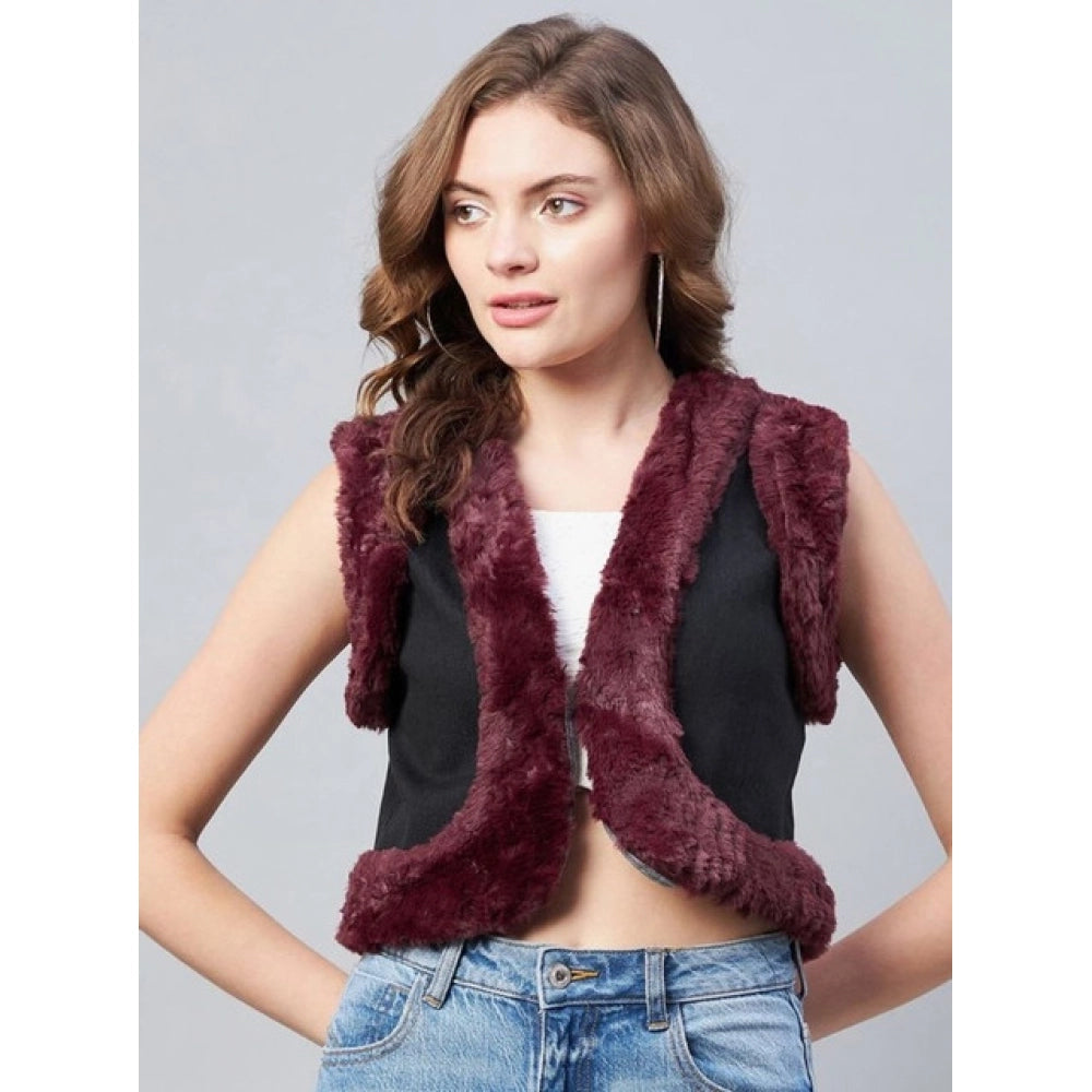 Women'S Denim And Fur Solid Sleeveless Shrug (Black - Maroon)