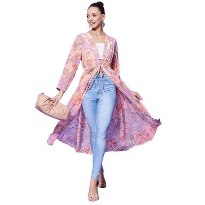 Women's Polyester Floral Long Sleeves Shrug (Peach)