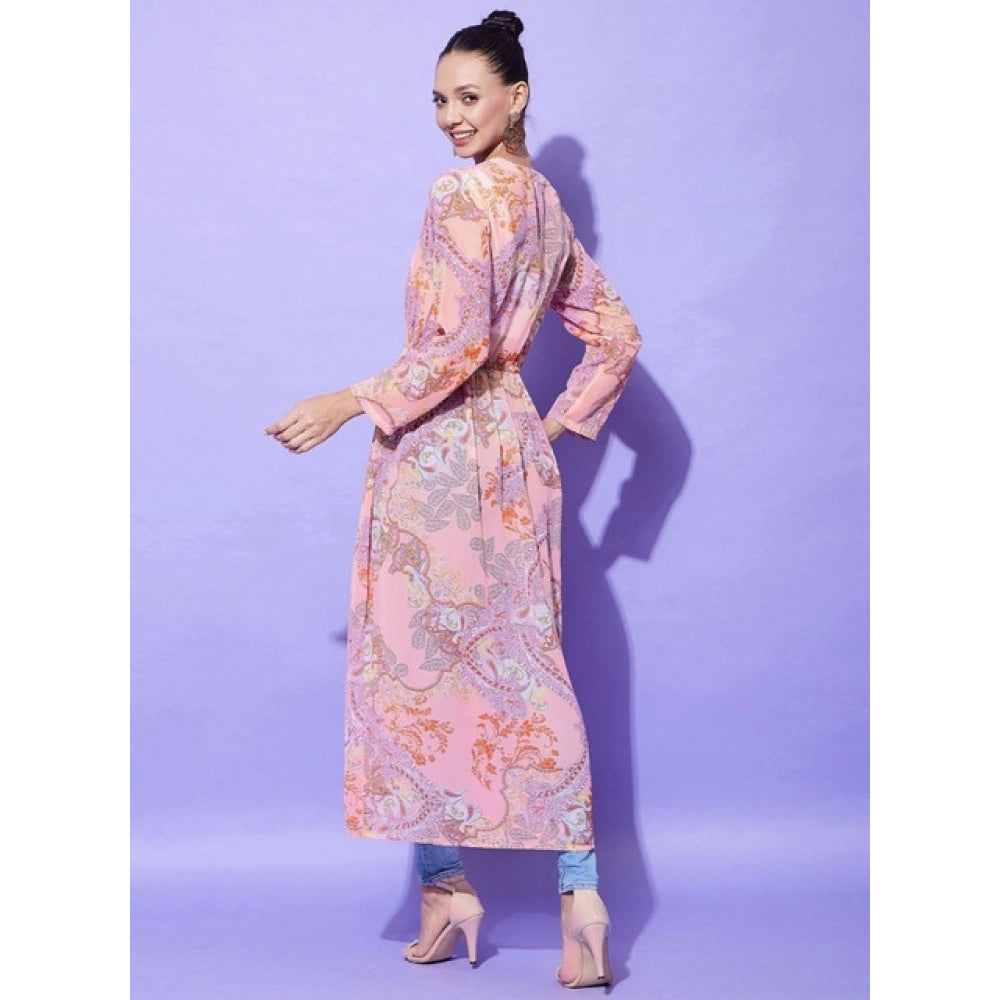 Women'S Polyester Floral Long Sleeves Shrug (Peach)