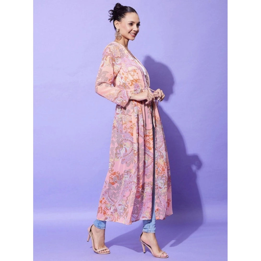 Women'S Polyester Floral Long Sleeves Shrug (Peach)