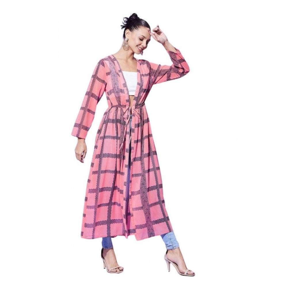 Women'S Polyester Check Long Sleeves Shrug (Pink)