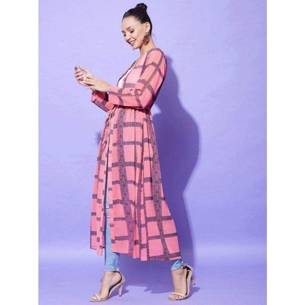 Women'S Polyester Check Long Sleeves Shrug (Pink)