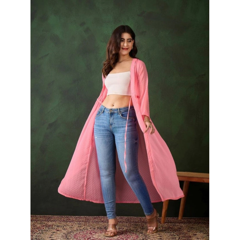 Women'S Chiffon Self Design Long Sleeves Shrug (Pink)
