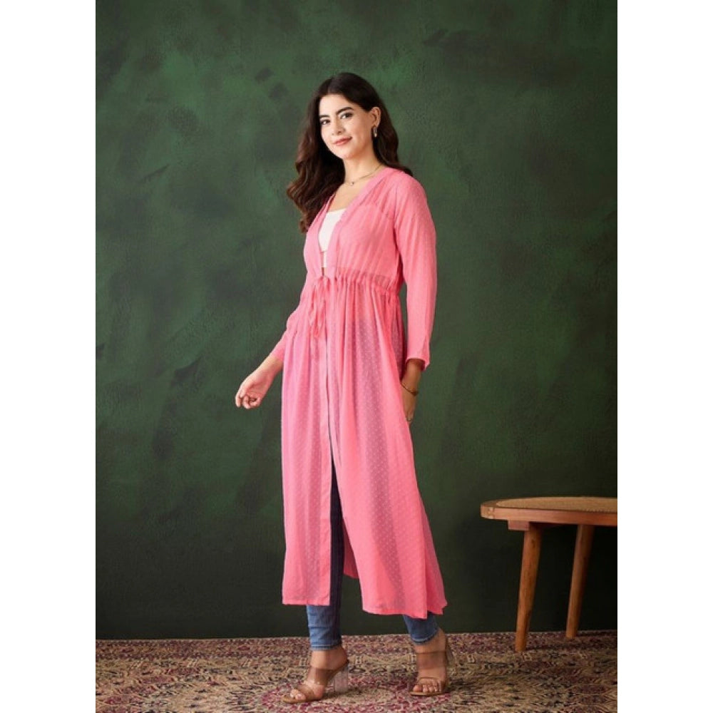 Women'S Chiffon Self Design Long Sleeves Shrug (Pink)