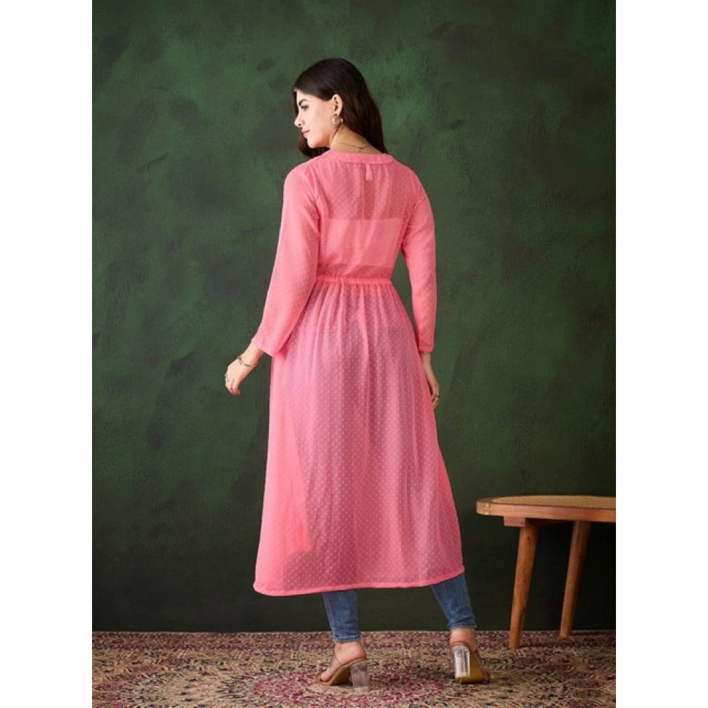 Women'S Chiffon Self Design Long Sleeves Shrug (Pink)