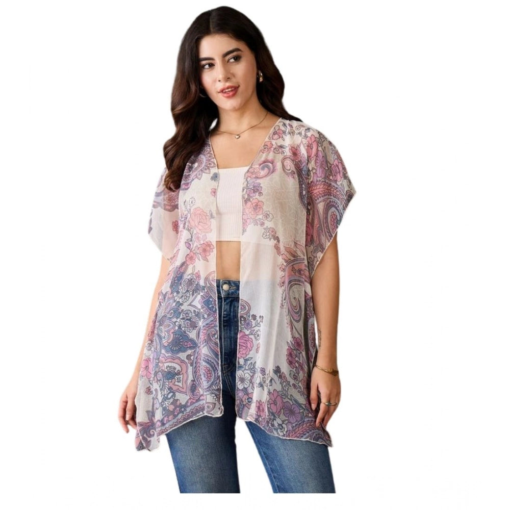 Women'S Chiffon Printed Short Sleeves Shrug (White - Purple)