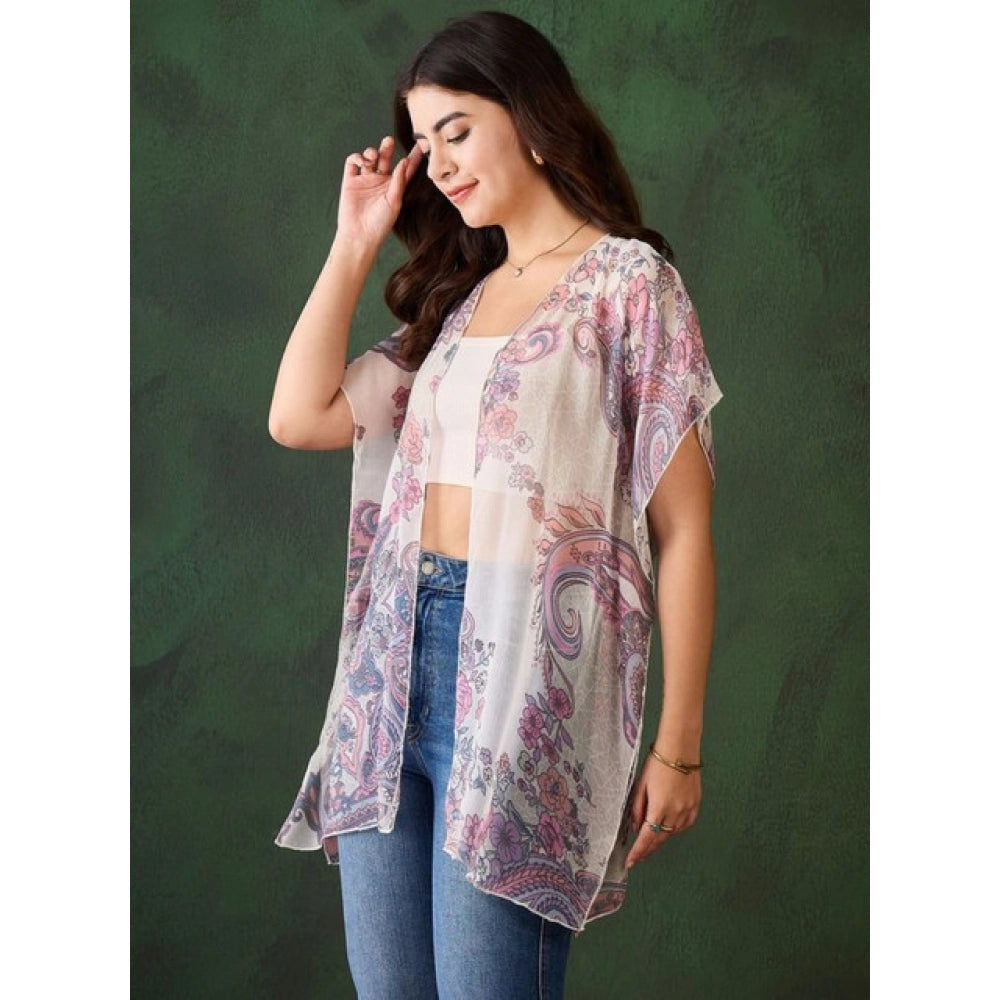 Women'S Chiffon Printed Short Sleeves Shrug (White - Purple)