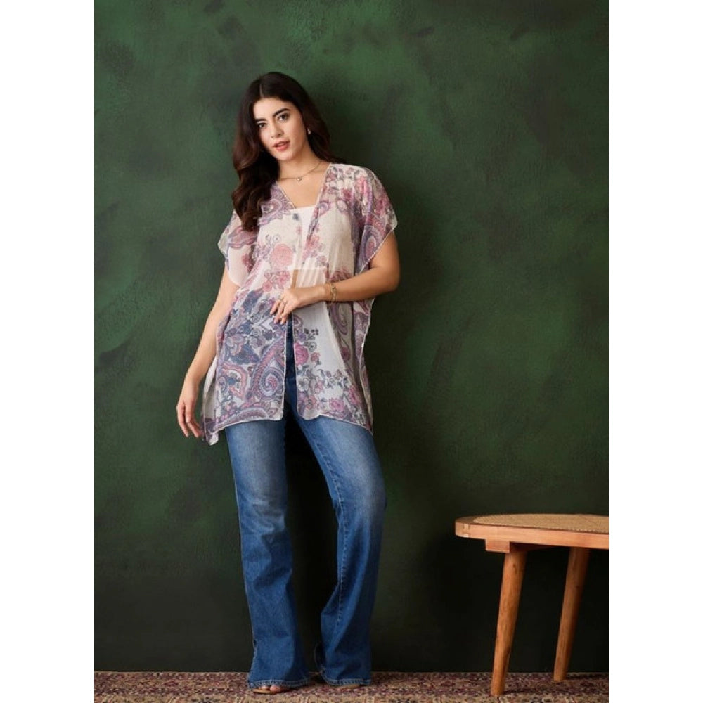 Women'S Chiffon Printed Short Sleeves Shrug (White - Purple)